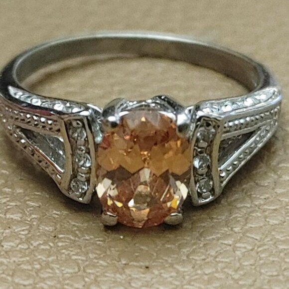 Citrine Ring 9mm Sterling Silver 925 Engagement Ring Simulated Diamond Accents - Picture 1 of 10